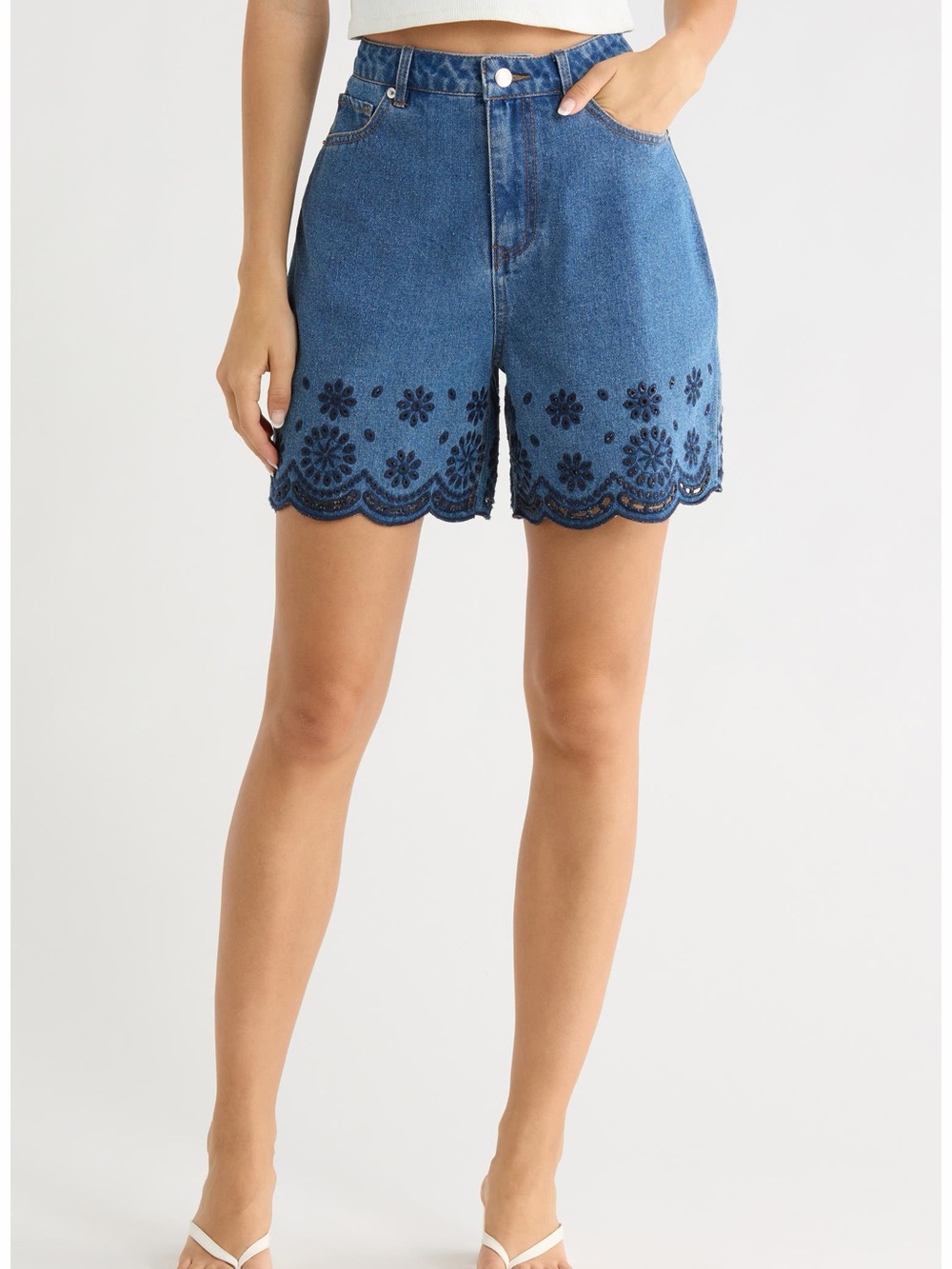Vigoss Dark Blue Embroidered Scallop Hem Denim Shorts